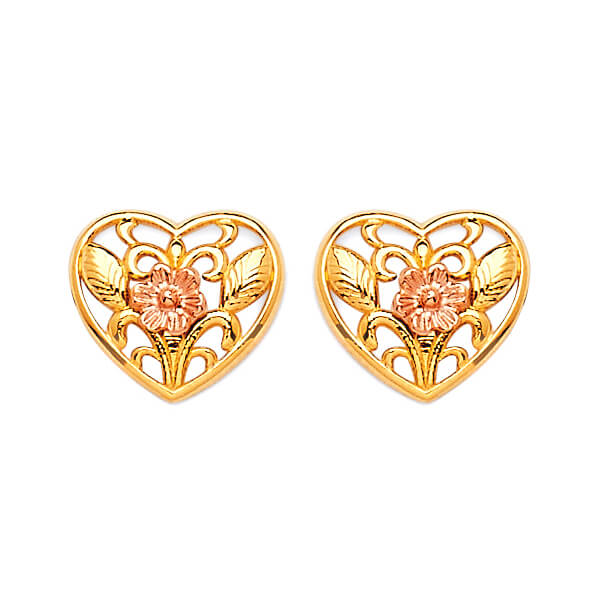 Heart Stud Earrings in 14K Two-Tone Gold and Butterfly Backing