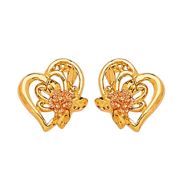Heart Stud Earrings in 14K Two-Tone Gold and Butterfly Backing