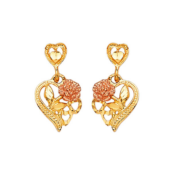 Heart Dangling Earrings in 14K Two-Tone Gold and Butterfly Backing