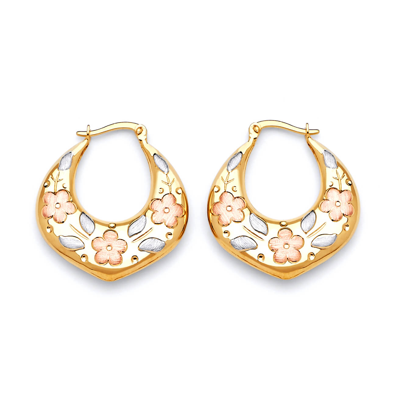 Flower Scallop Hoop Earrings in 14K Tri-Color Gold