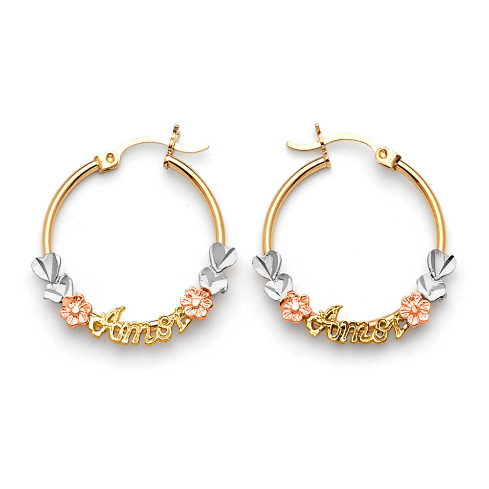 Heart Hoop Earrings in 14K Tri-Color Gold