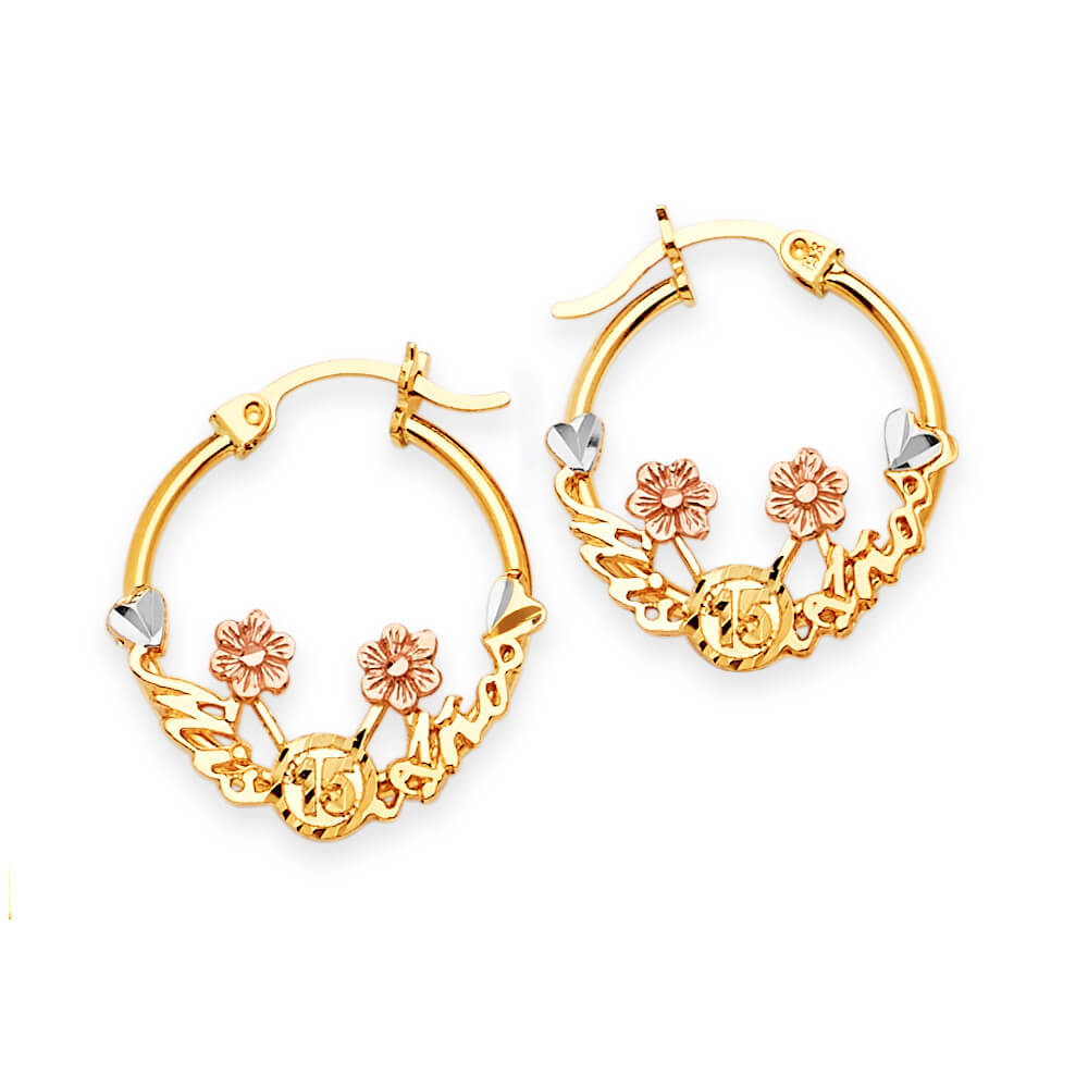 Flower Hoop Earrings in 14K Tri-Color Gold