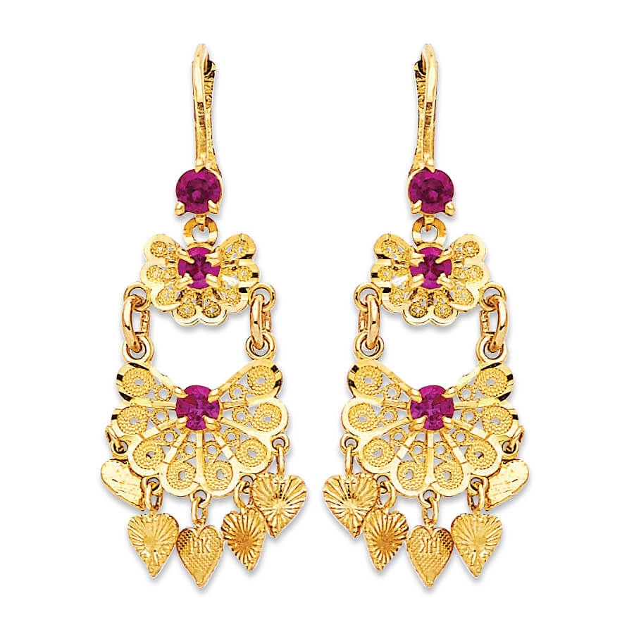 Flower Chandelier Earrings with Red CZ in 14K Gold