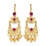 Flower Chandelier Earrings with Red CZ in 14K Gold