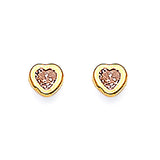 Heart Solitaire Stud Earrings with Pink CZ in 14K Gold and Screw Backing