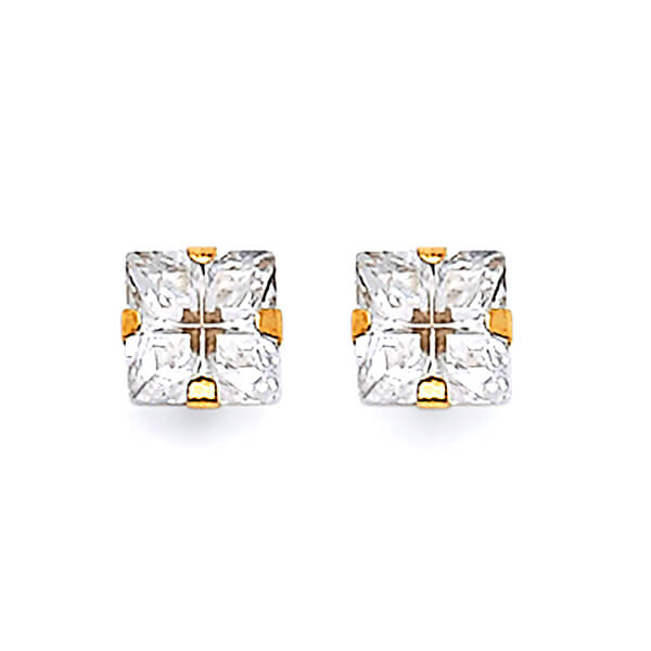 Solitaire Stud Earrings with White CZ in 14K Gold and Butterfly Backing