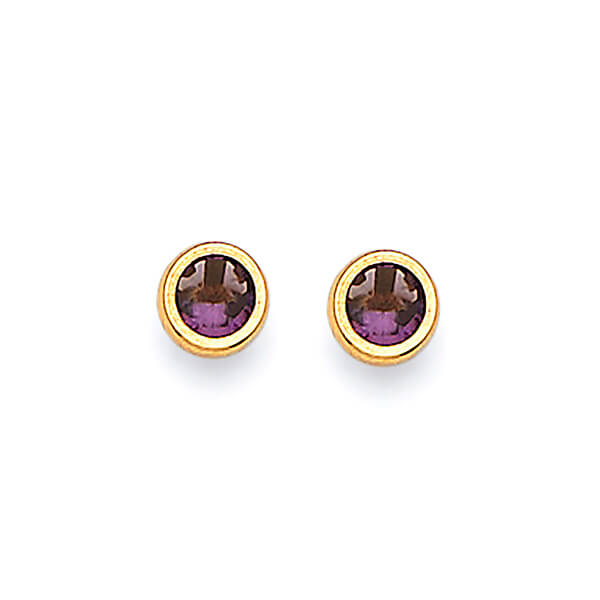 Solitaire Stud Earrings with Purple CZ in 14K Gold and Screw Backing
