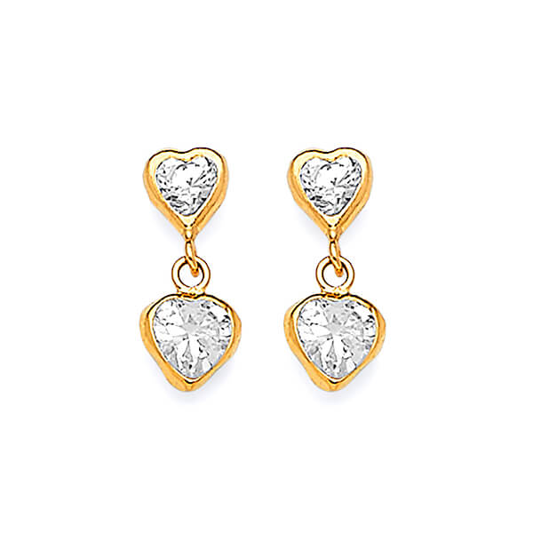 Heart Dangling Earrings with White CZ in 14K Gold and Screw Backing