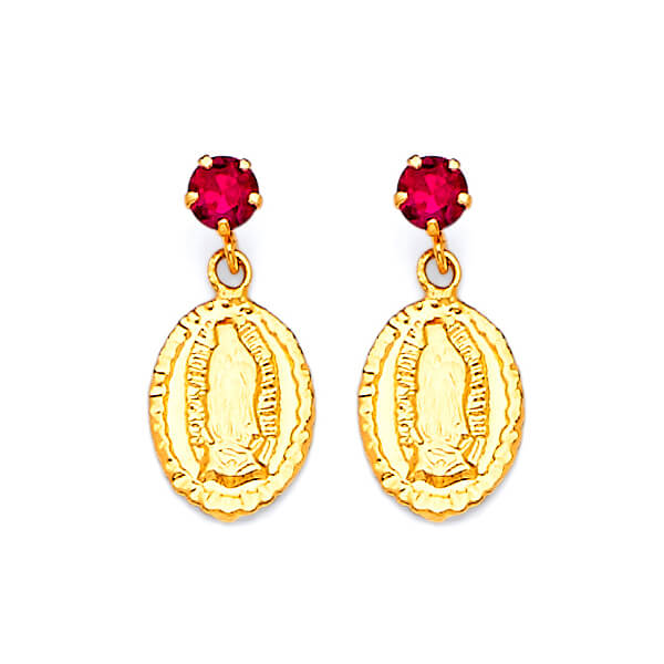 Guadalupe Dangling Earrings with Red CZ in 14K Gold and Screw Backing
