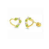 Heart Stud Earrings with Green & White CZ in 14K Gold and Screw Backing