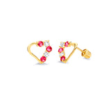 Heart Stud Earrings with Red & White CZ in 14K Gold and Screw Backing