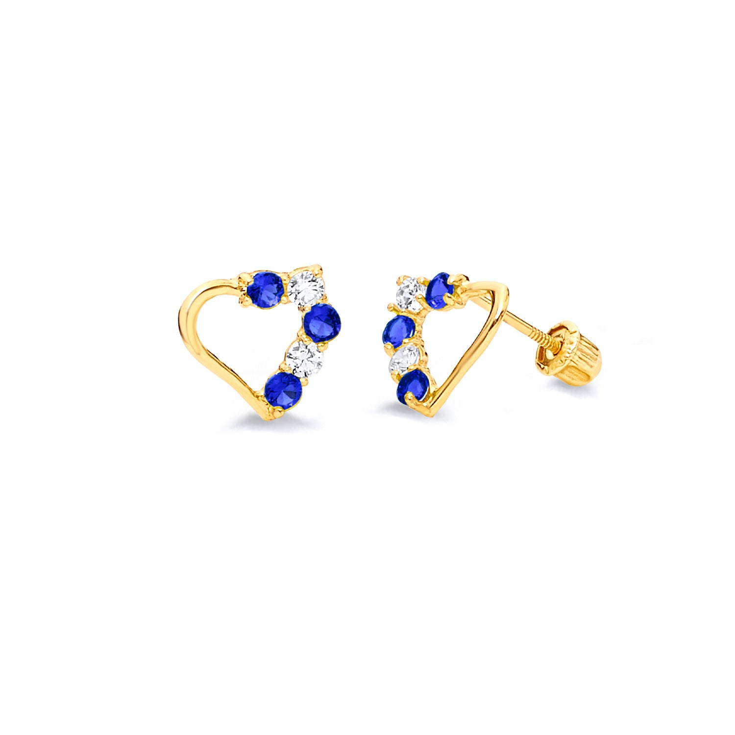 Heart Stud Earrings with Blue & White CZ in 14K Gold and Screw Backing