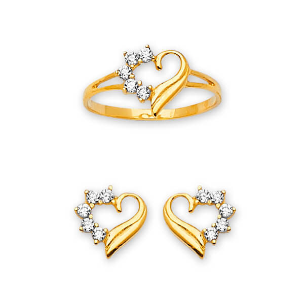 White CZ Heart Girls Two-Piece Set in 14K Gold