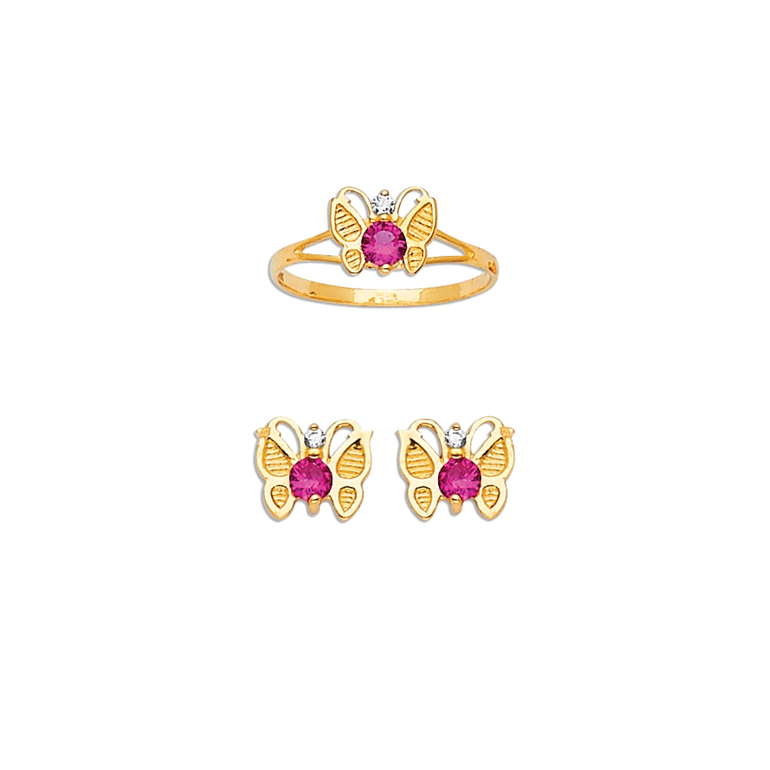 Red & White CZ Butterfly Girls Two-Piece Set in 14K Gold