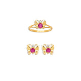 Red & White CZ Butterfly Girls Two-Piece Set in 14K Gold