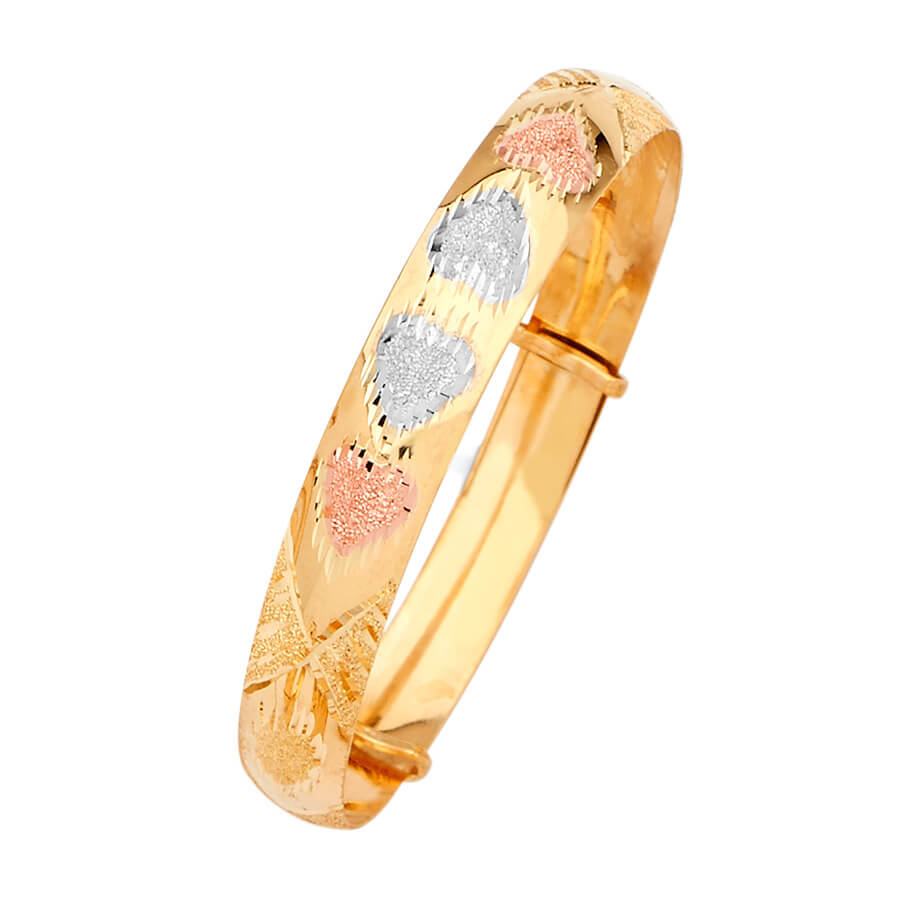 Adjustable Heart Girls Bangle in 14K Tri-Color Gold