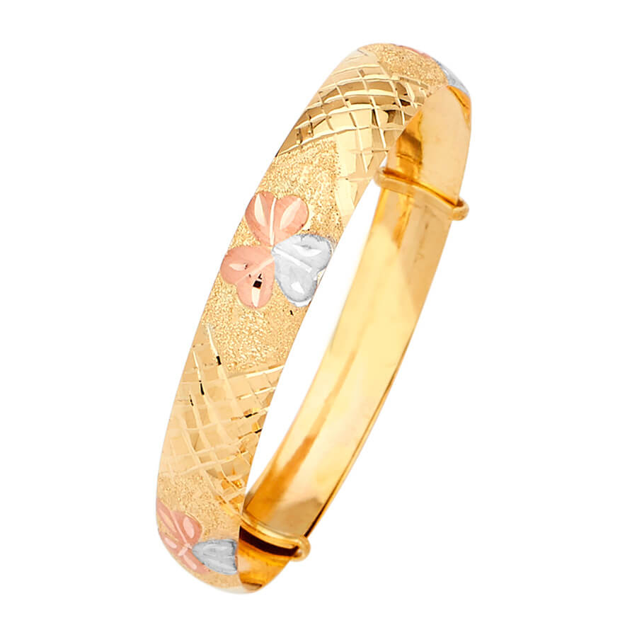 Adjustable Heart Girls Bangle in 14K Tri-Color Gold