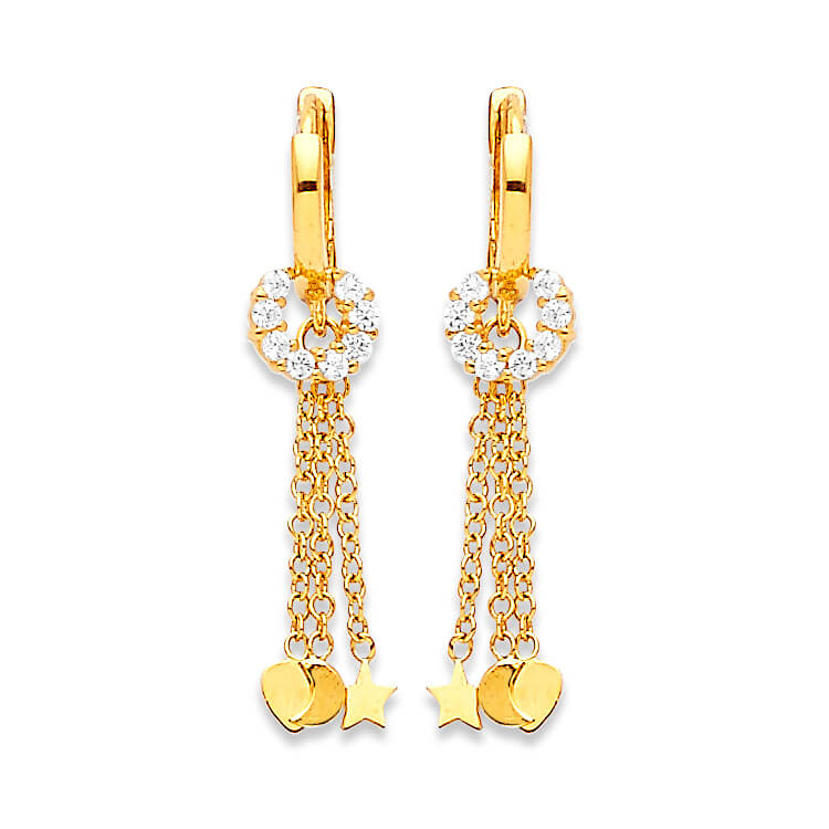 Heart Tassel Earrings with White CZ in 14K Gold