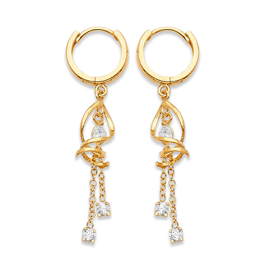 Spiral Tassel Earrings with White CZ in 14K Gold