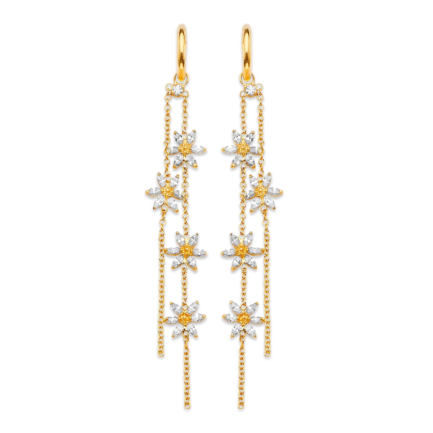 Flower Tassel Earrings with White CZ in 14K Gold