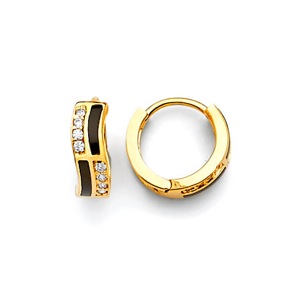 Huggie Earrings with White CZ and Onyx in 14K Gold