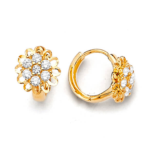Flower Huggie Earrings with White CZ in 14K Gold