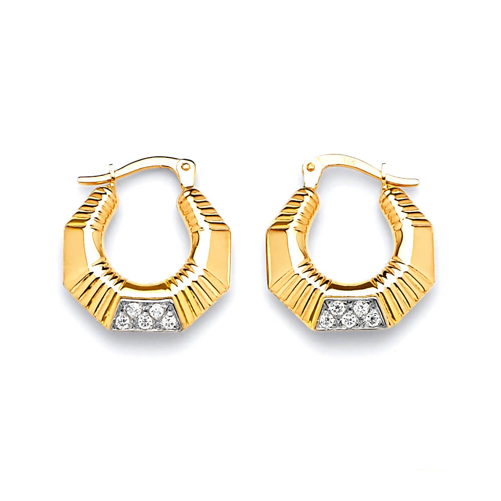 Scallop Hoop Earrings with White CZ in 14K Gold