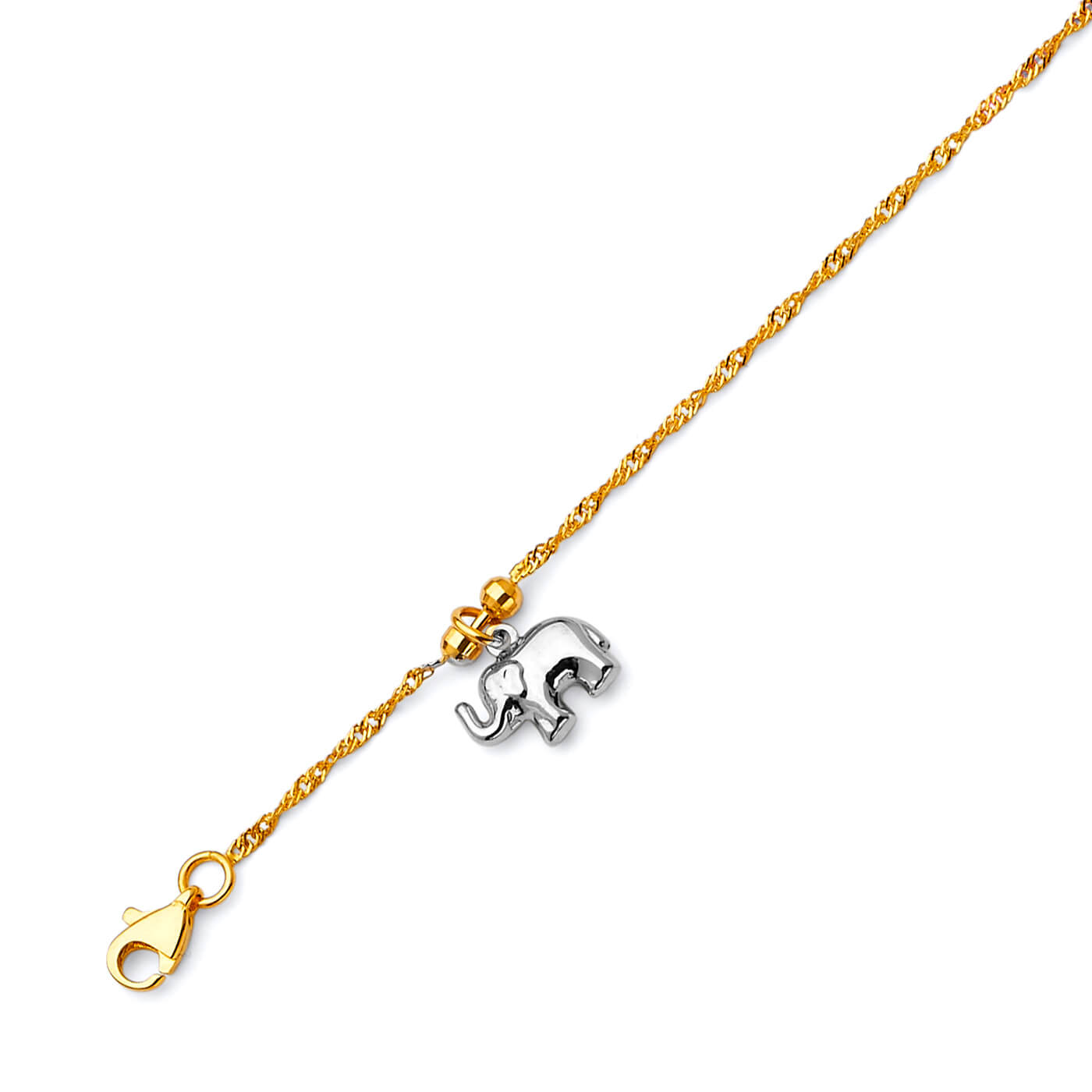 Adjustable Elephant Charm Anklet in 14K Two Tone Gold