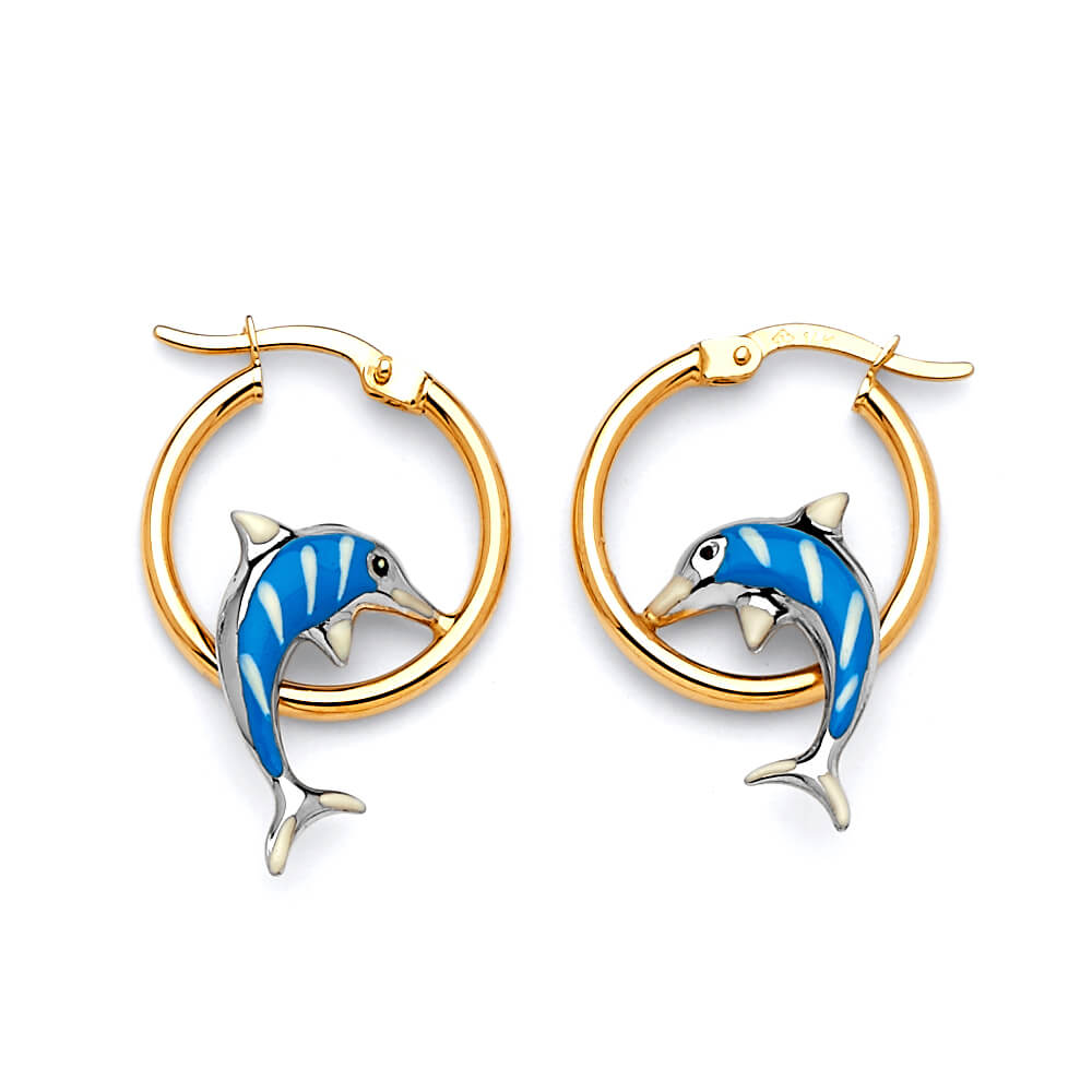 Dolphin Scallop Hoop Earrings with Blue Enamel in 14K Gold