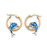 Dolphin Scallop Hoop Earrings with Blue Enamel in 14K Gold