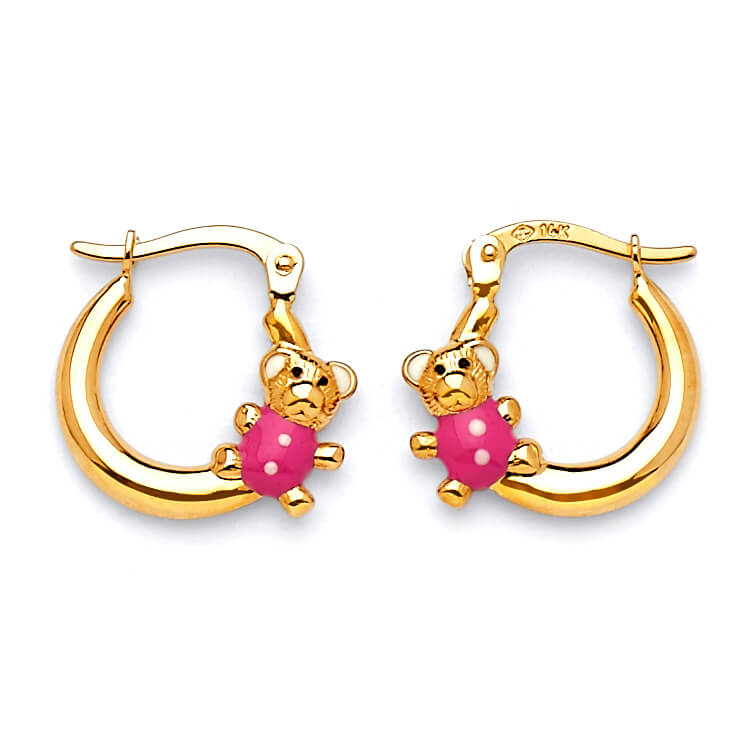 Bear Scallop Hoop Earrings with Pink Enamel in 14K Gold