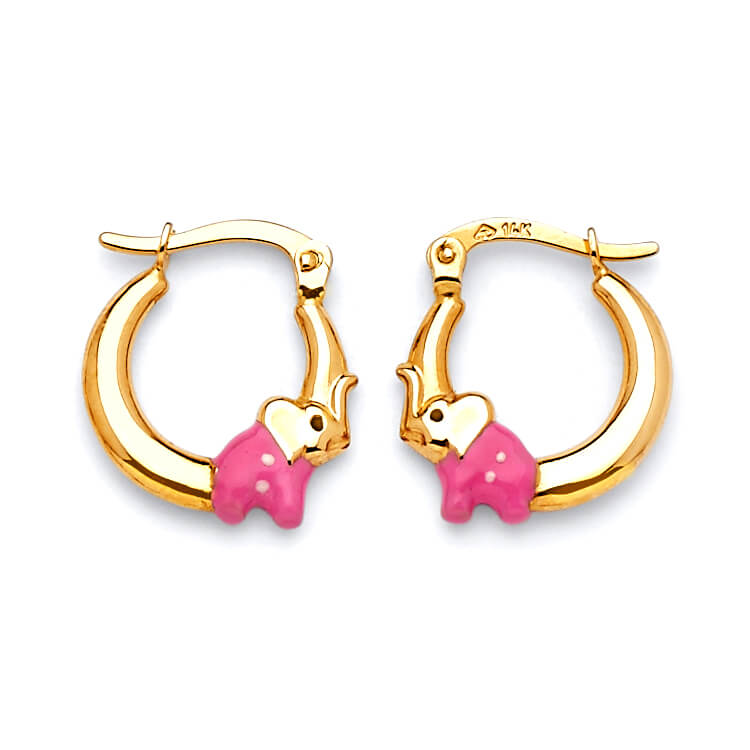 Elephant Scallop Hoop Earrings with Pink Enamel in 14K Gold