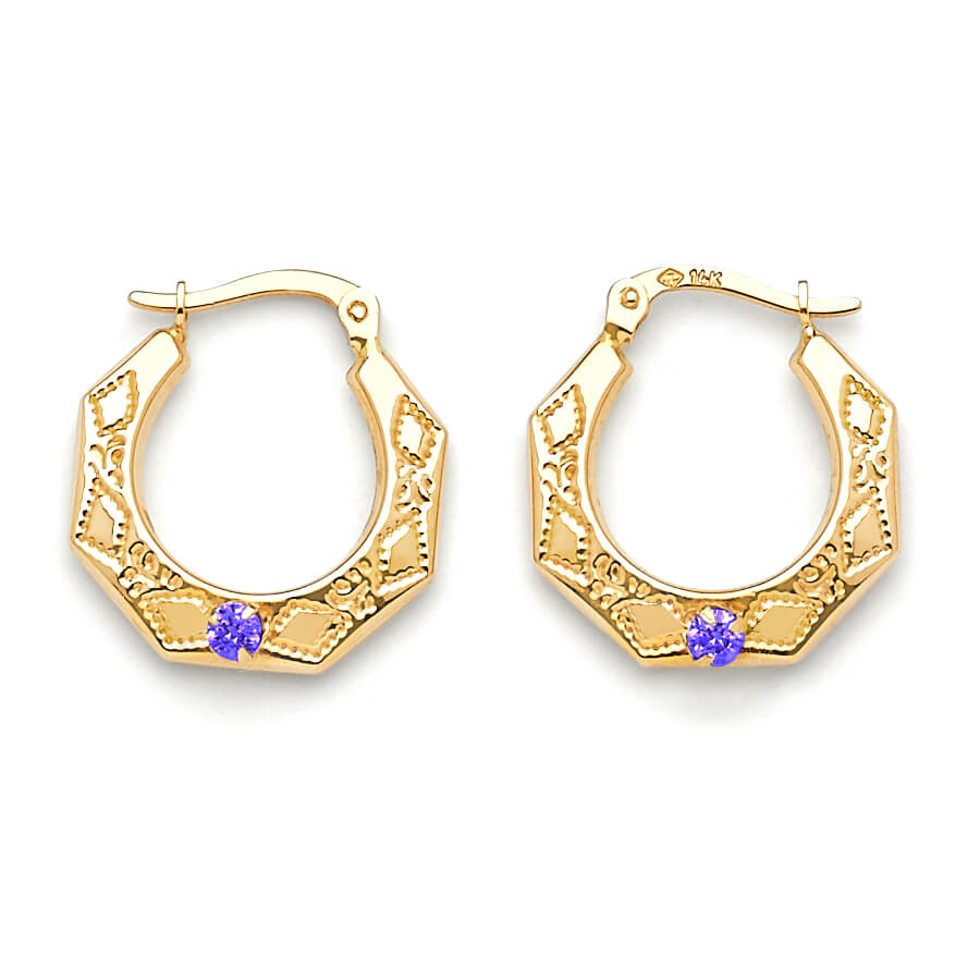 Scallop Hoop Earrings with Purple CZ in 14K Gold