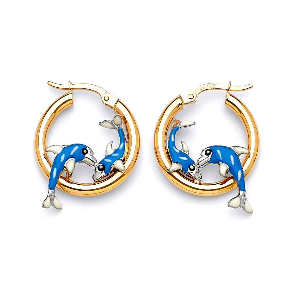 Dolphin Scallop Hoop Earrings with Blue Enamel in 14K Gold