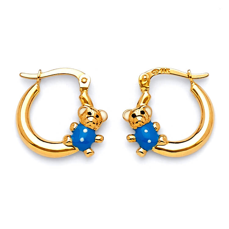 Bear Scallop Hoop Earrings with Blue Enamel in 14K Gold