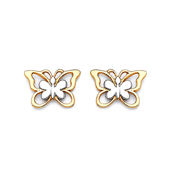 Butterfly Stud Earrings in 14K Two-Tone Gold and Butterfly Backing