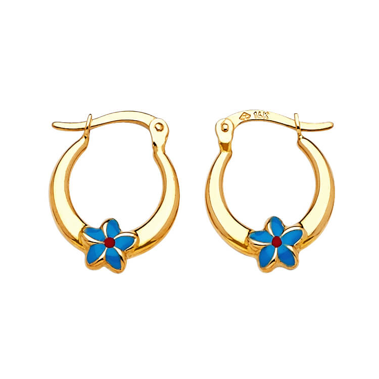 Flower Scallop Hoop Earrings with Blue & Red Enamel in 14K Gold