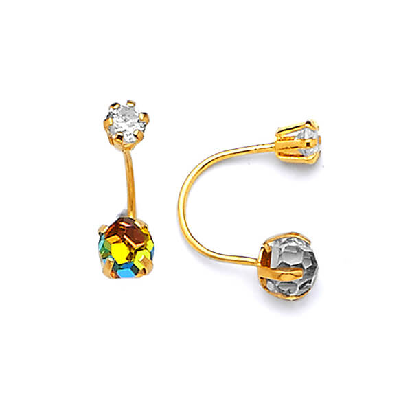 Telephone Stud Earrings with White CZ and Moon Stone in 14K Gold and Screw Backing