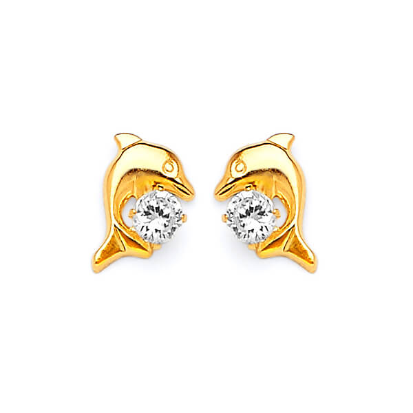 Dolphin Stud Earrings with White CZ in 14K Gold and Butterfly Backing