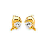 Dolphin Stud Earrings with White CZ in 14K Gold and Butterfly Backing