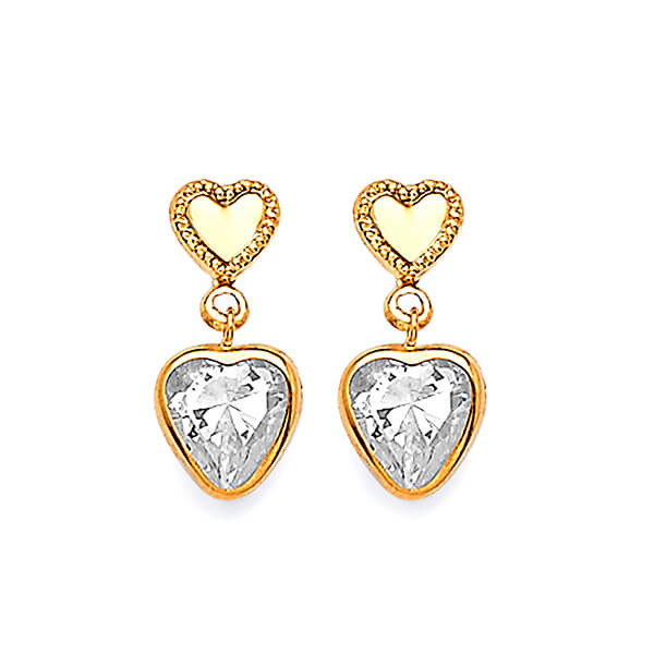 Heart Dangling Earrings with White CZ in 14K Gold and Butterfly Backing