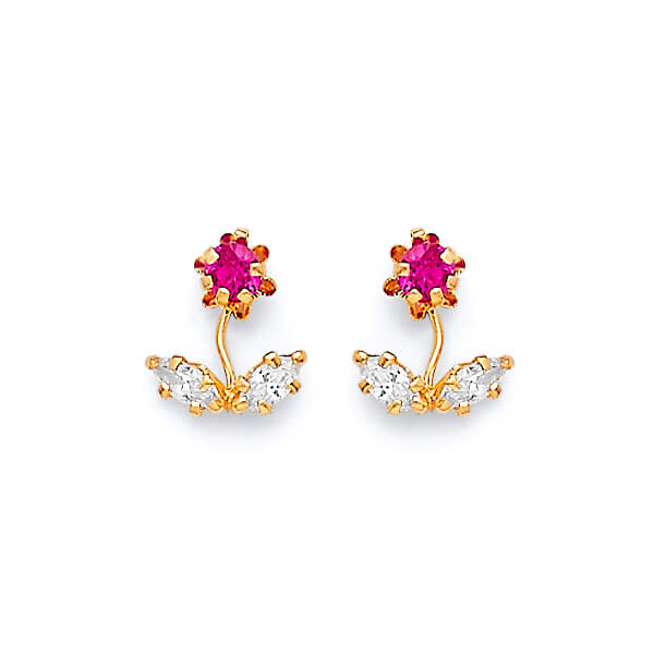 Flower Stud Earrings with Pink & White CZ in 14K Gold and Screw Backing