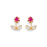Flower Stud Earrings with Pink & White CZ in 14K Gold and Screw Backing