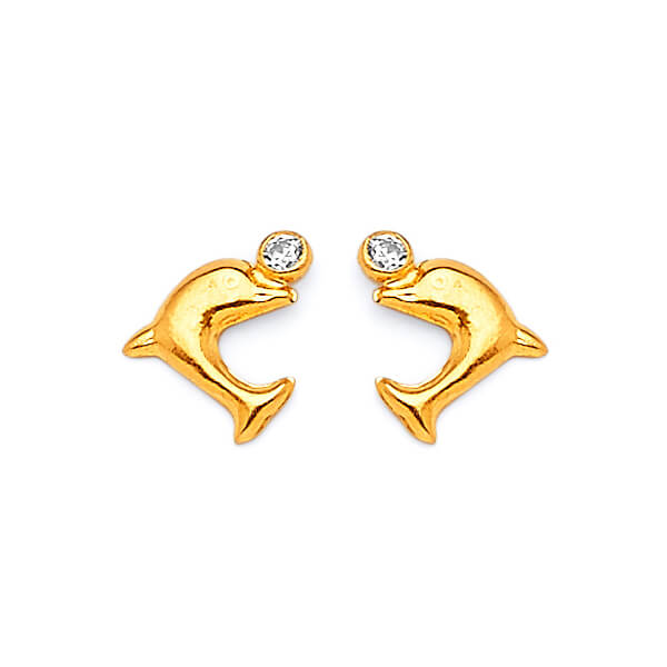 Dolphin Stud Earrings with White CZ in 14K Gold and Screw Backing