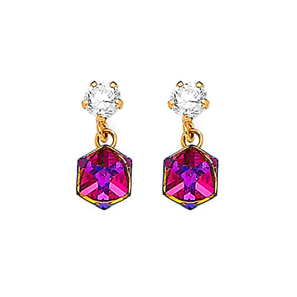 Dangling Earrings with White CZ and Moon Stone in 14K Gold and Screw Backing