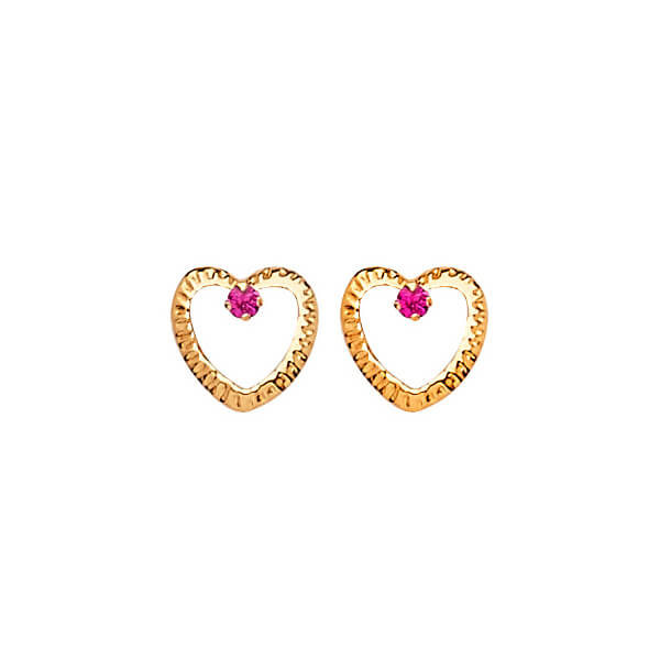 Heart Stud Earrings with Red CZ in 14K Gold and Screw Backing