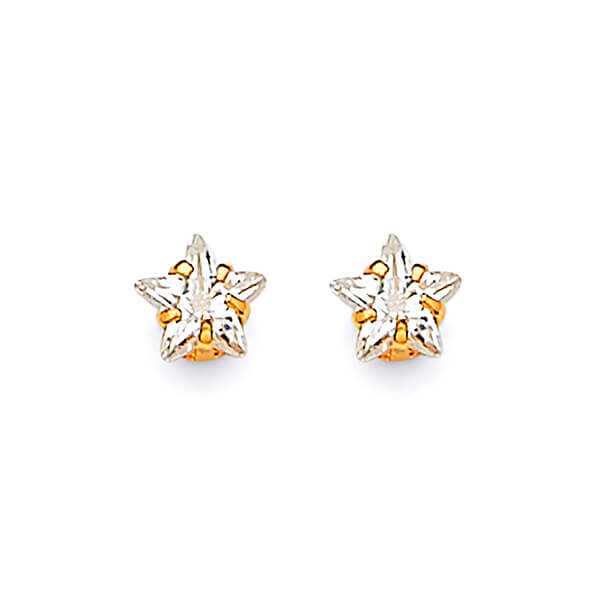 Star Solitaire Stud Earrings with White CZ in 14K Gold and Screw Backing