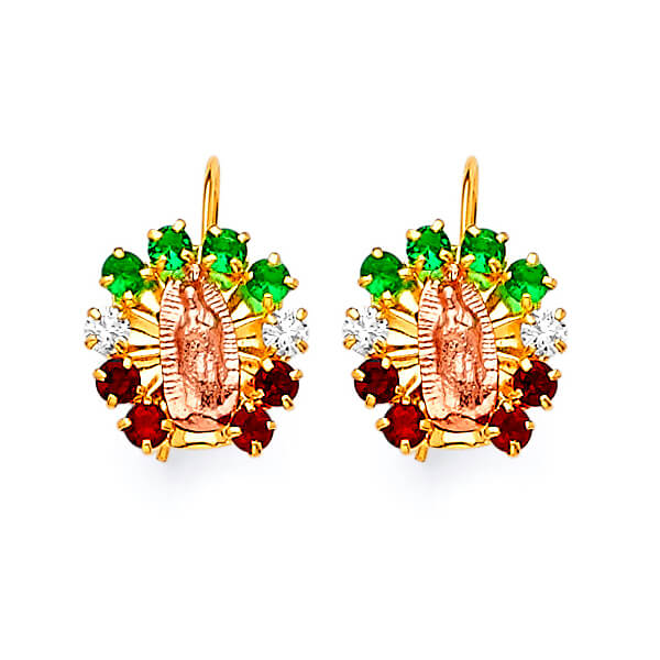 Guadalupe Dangling Earrings with Green, White & Red CZ in 14K Two-Tone Gold