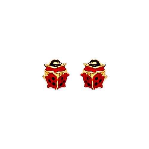 Lady Bug Stud Earrings with Red & Black Enamel in 14K Gold and Screw Backing