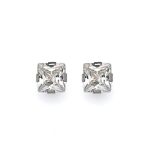 Solitaire Stud Earrings with White CZ in 14K White Gold and Butterfly Backing